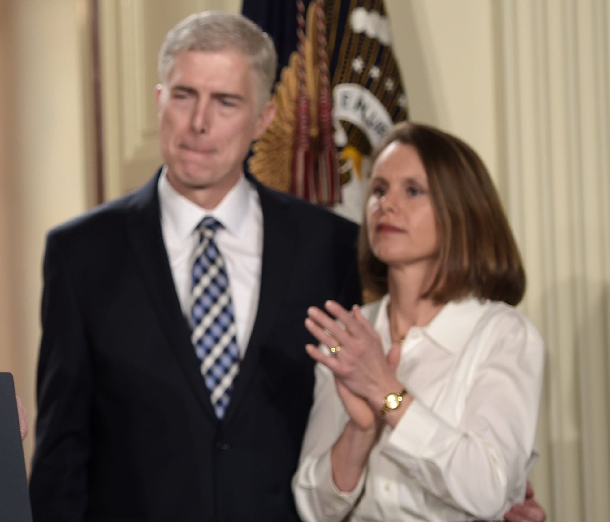Judge Neil Gorsuch and his wife Marie Louise look on, after President Trump nominated him for the Supreme Court, at the White House on Jan. 31.
