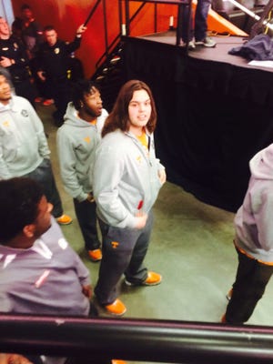 Oakland's Jack Jones prepares to be introduced at halftime of Tennessee's men's basketball game against Texas A&M on Saturday.