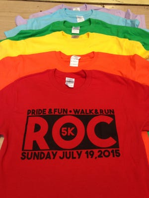 A colorful array of Pride 5K shirts will be given to participants of the inaugural race.