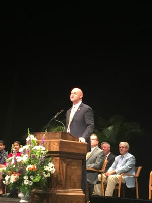 Clemson President Jim Clements speaks at the university's year-end faculty meeting on May 6, 2016