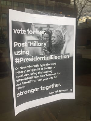This was one of several posters found around SUNY New Paltz's campus Sunday promoting false voting methods.