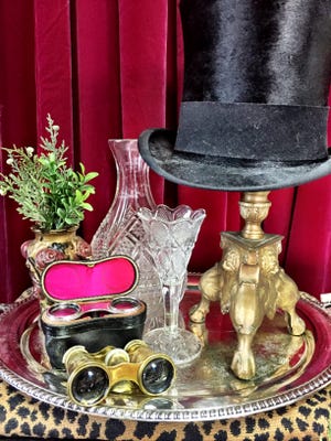 “At Genteel Rogue, I showcase ‘man-tiques’ — items with a masculine edge like a gentleman’s top hat, opera glasses, cut glass and crystal bar ware,” said A. J. Northrop.