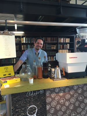 Chuck Pfahler at his coffee stand at The Mercantile Library.