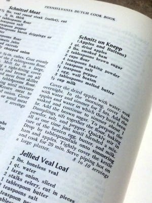 This recipe for schnitz and knepp comes from The Pennsylvania Dutch Cookbook. (So does the somewhat less popuplar “Jellied Veal Loaf,” which will not make an appearance in this column any time soon.)
