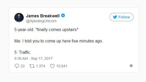 A tweet from Indy dad James Breakwell who jokes about parenting on Twitter via his handle @XplodingUnicorn.