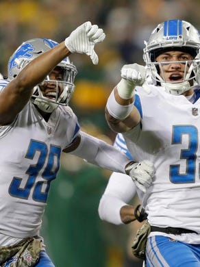 Detroit Lions strong safety Miles Killebrew (35) celebrates after making a big hit on a kick off return by the Green Bay Packers Monday, November 6, 2017, at Lambeau Field in Green Bay, Wis.