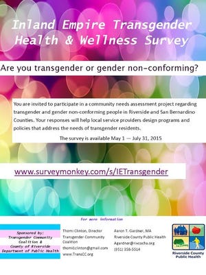 The Transgender Community Coalition partnered with the Riverside County Department of Public Health to create a transgender survey.