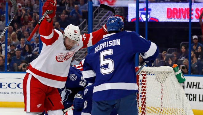 The Red Wings' Thomas Vanek celebrates his goal against the Tampa Bay Lightning during the first period Oct. 13, 2016.
