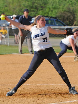 John Jay High School's Ally Muller pitches during a May 8, 2015 game against Roy C. Ketcham in Wiccopee.