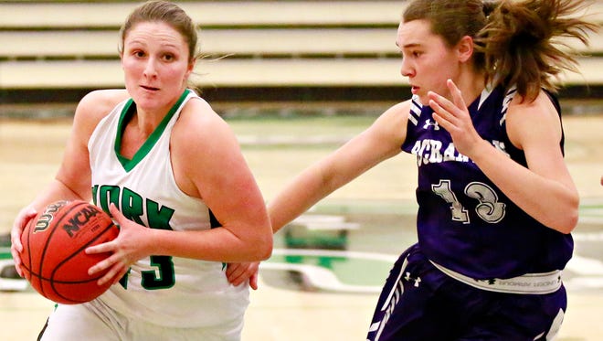 Susquehannock High School graduate Katie Wagner, seen here in action earlier this season for York College, scored 14 points for the Spartans during Thursday's 73-64 loss to Framingham State. YORK DISPATCH FILE PHOTO
