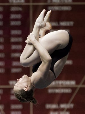 Former Indiana diver Amy Cozad, an Indianapolis native, competes in the 10-meter platform during USA Diving's World Championship Trials on Sunday, May 17, 2015, at Indiana UniversityÕs Counsilman-Billingsley Aquatic Center in Bloomington, Ind.