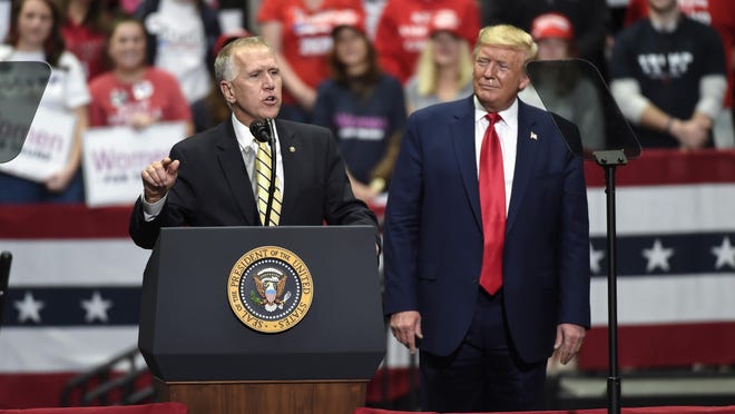 FILE - In this March 2, 2020, file photo Sen. Thom Tillis, R-N.C., speaks during a campaign rally for President Donald Trump in Charlotte, N.C. Tillis, facing a competitive North Carolina reelection contest, â€œis looking forward to campaigning" with Trump, Tillis' spokesperson said.