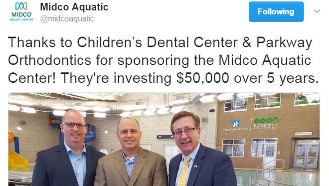 The city's Midco Aquatic Center Twitter account posted this photo Thursday afternoon recognizing Children's Dental Cetner and Parkway Orthodontics for sponsoring the facility's recreation pool.