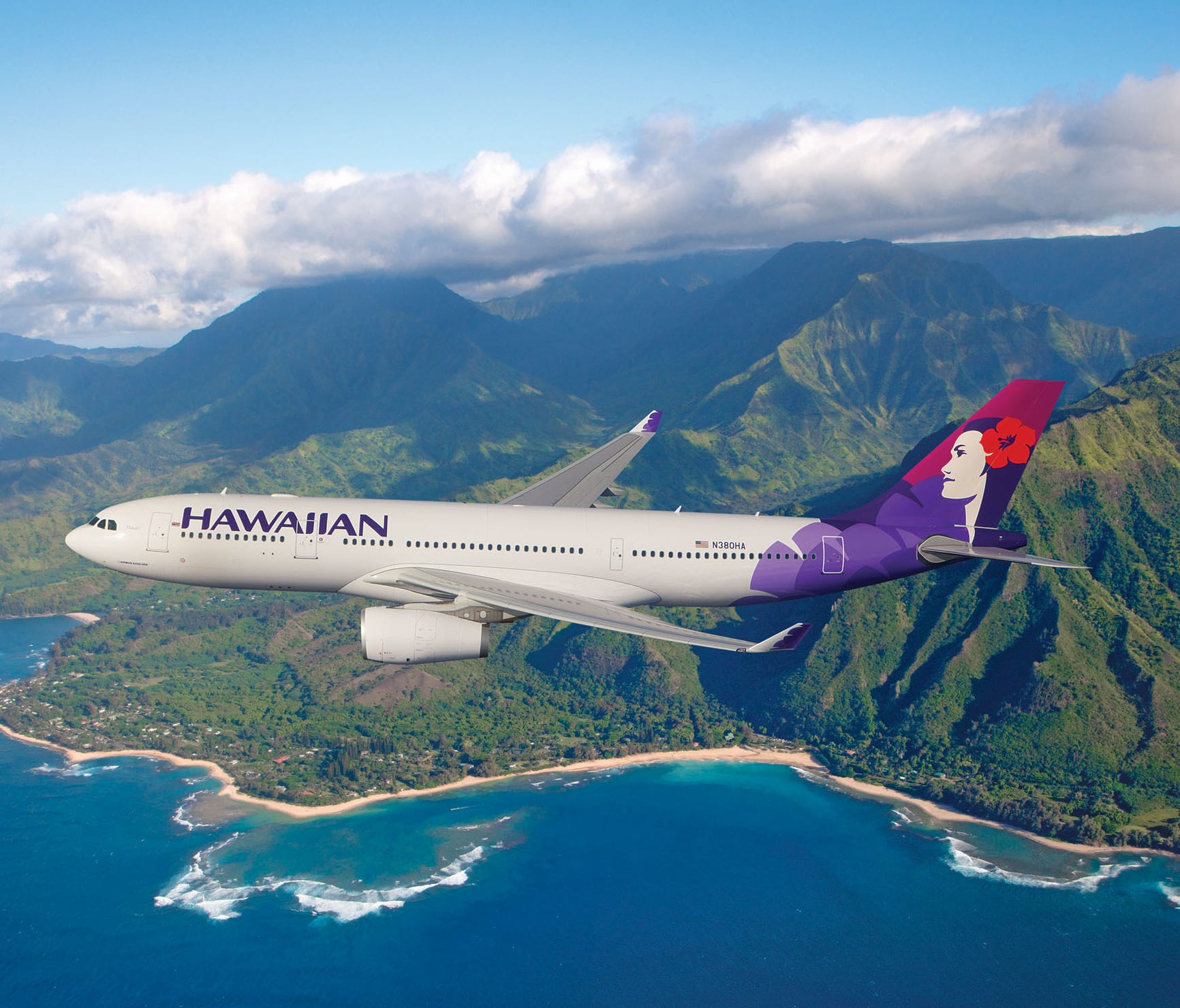 This image, also provided by Hawaiian, shows one of its Airbus A330-200s in the carrier's current livery.