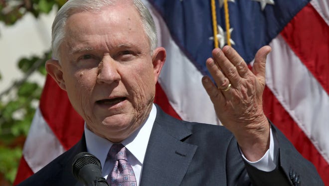 US Attorney Jeff Sessions makes remarks about his tour of the Mariposa Port of Entry in Nogales, Ariz., on April 11, 2017.  Sessions talked about border issues along the US-Mexico border.