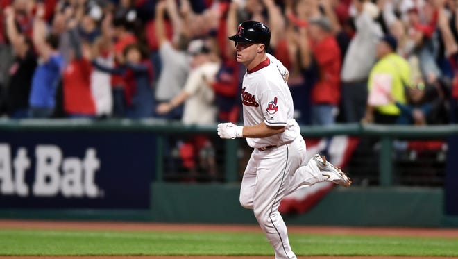 ALDS Game 1: Yankees at Indians - Indians right fielder Jay Bruce hits a two run home run in the fourth inning.