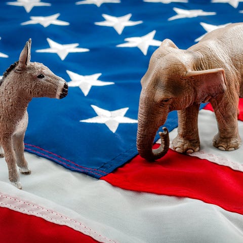 A Democrat donkey and Republican elephant squaring