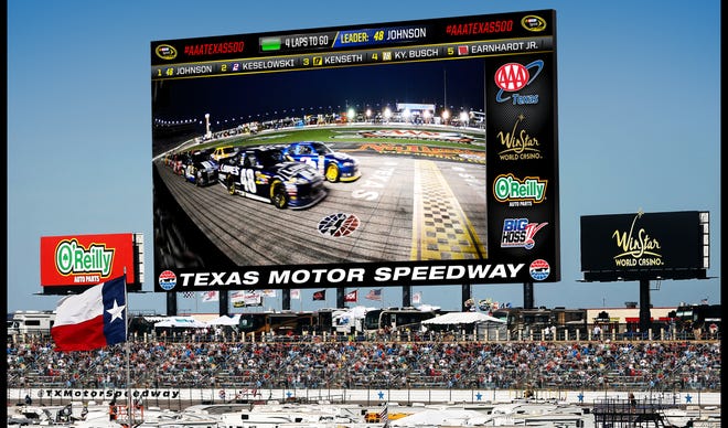 An artist rendering shows Texas Motor Speedway?'s latest addition -- a 108-ton HD video board that will be 218 feet wide and 94½ feet tall and rise nearly 125 feet above ground level.