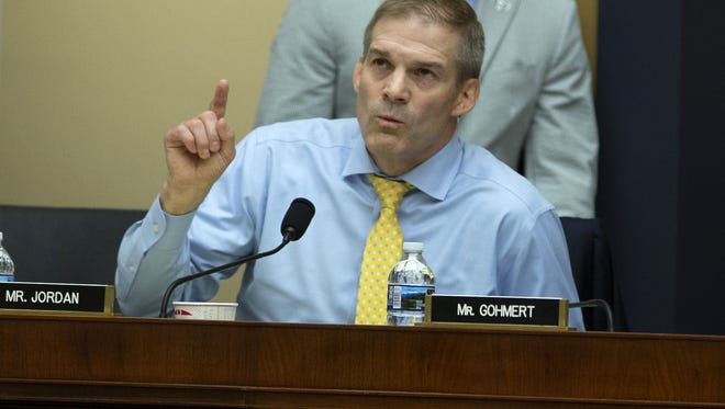 Representative Jim Jordan, R-Ohio, asks FBI Director Cristopher Wray a question during a United States House of Representatives Judiciary Committee hearing on Capitol Hill on June 28, 2018 in Washington, D.C. (Alex EdelmanCNP/Zuma Press/TNS)