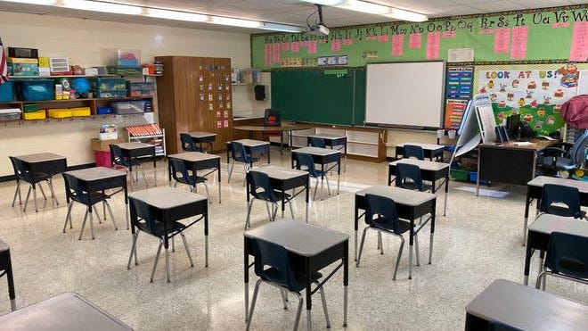 This photo shows socially-distanced desks in an elementary school classroom in the Southwest Licking School District.