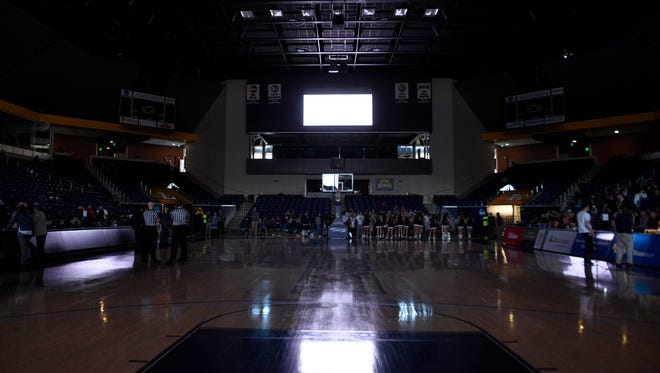 A screen illuminates the court during a Division II-A boys basketball championship game at Lipscomb University Saturday, March, 3, 2018.