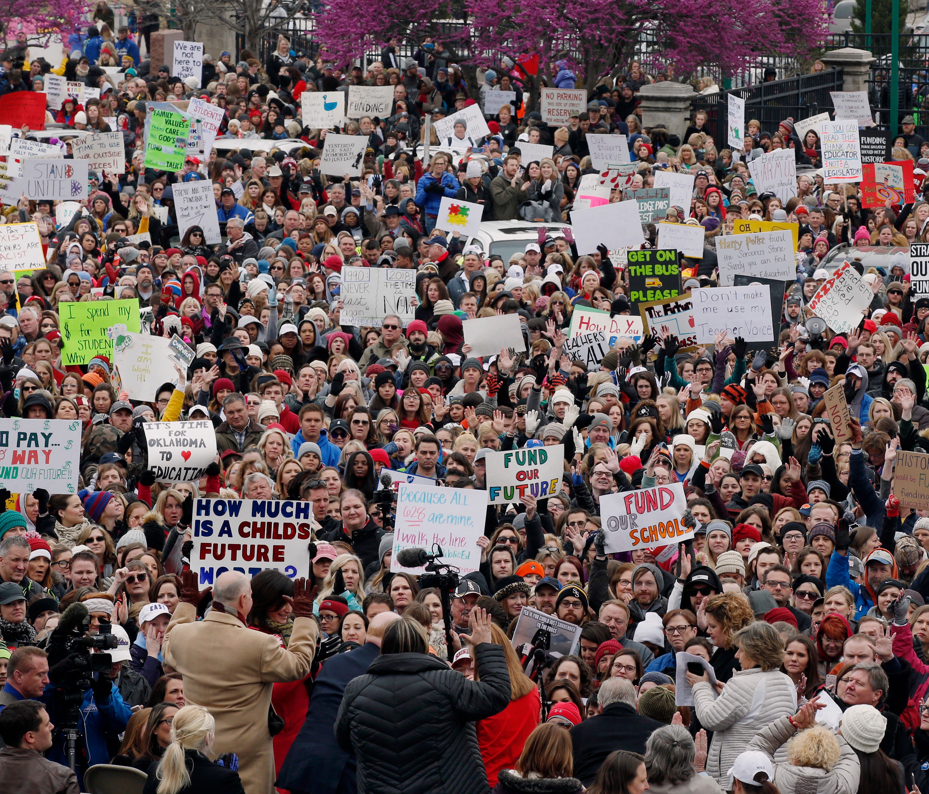 The crowd cheers during a teacher rally at the state Capitol in Oklahoma City, on Monday.