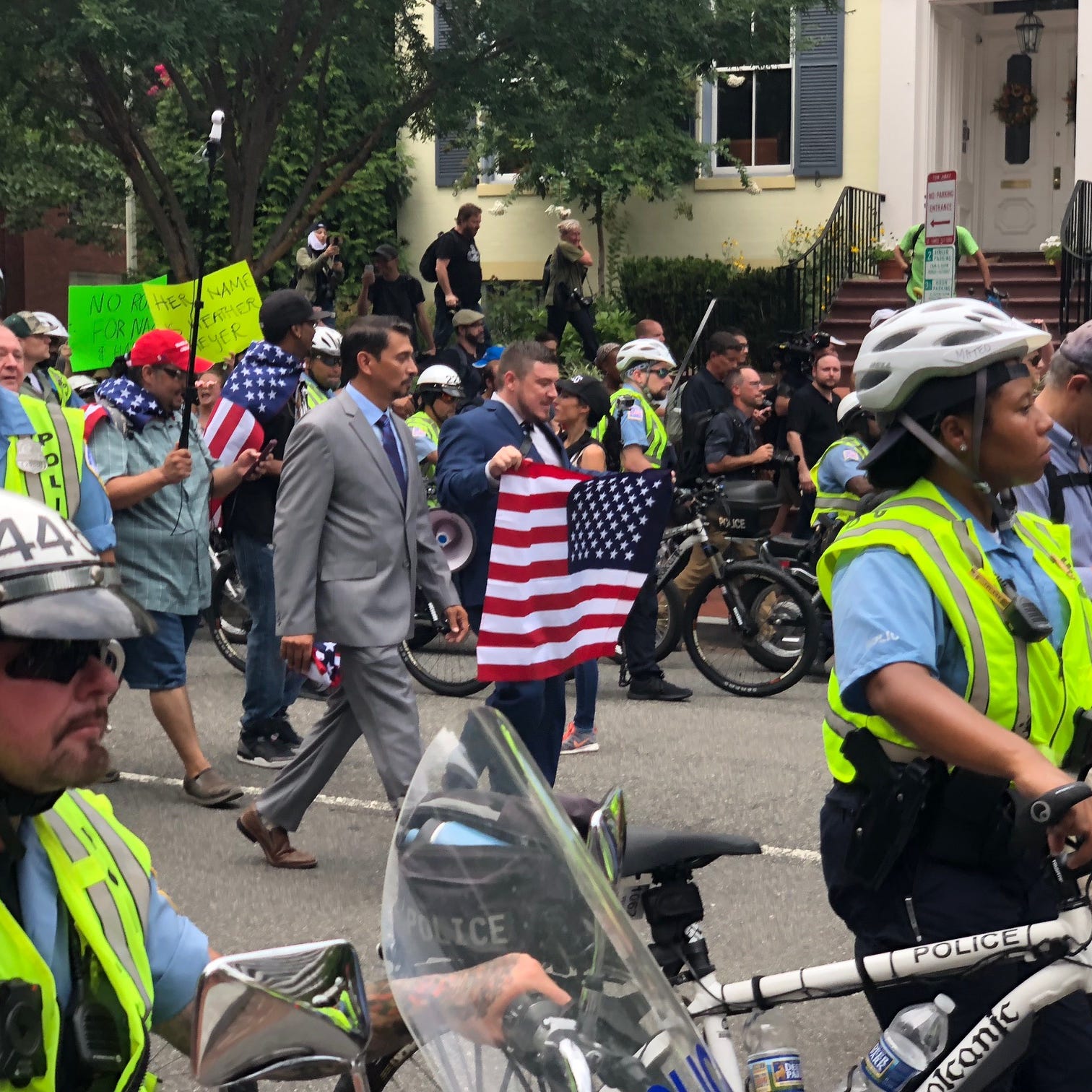 Unite the Right organizer Jason Kessler walks in Washington, DC. They arrived to dozens of counterprotesters and a scuffle broke out that had to be broken up by police. There are only about a dozen, maybe slightly more, of these white nationalists. P