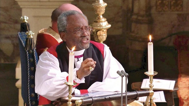 In this frame from video, the Most Rev. Michael Bruce Curry speaks during the wedding ceremony of Britain's Prince Harry and Meghan Markle at St. George's Chapel in Windsor Castle in Windsor, near London, England, on May 19, 2018.