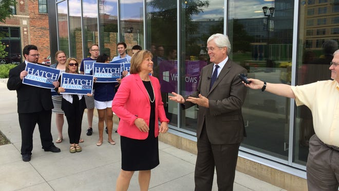 Democratic candidate for governor Jack Hatch, right, and lieutenant governor candidate Monica Vernon described their approach to economic development during a press conference Thursday in Des Moines.