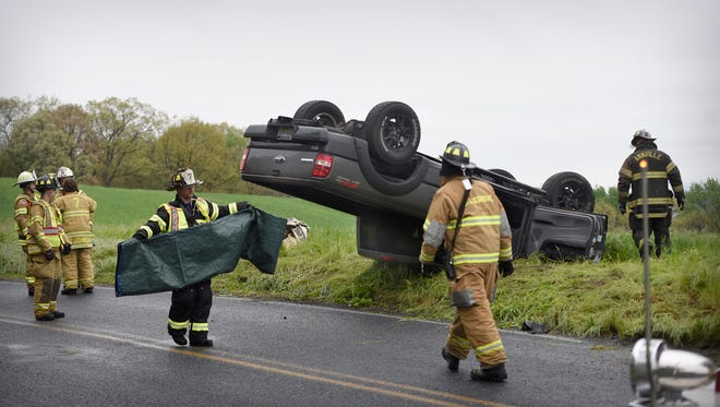 Annville Cleona rescue personnel worked for close to 15 minutes to free a man trapped in an overturned vehicle at 915 N. Mill St. in North Annville Township Sunday, May 1. Members of Station 7  -Waterworks and Station 58 Annville/Cleona fire, were dispatched at 10:55 a.m. The single-passenger vehicle was headed north on North Mill Street, as it flipped after a sharp right turn to the east. The pavement was wet at the time. The driver was at the scene of the accident, but no information was available about his condition or whether he was transported.