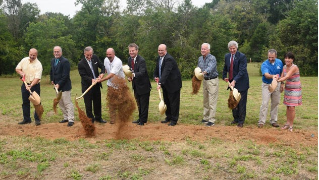 Knox County Mayor Tim Burchett joined representatives from Legacy Parks, PetSafe and other elected office holders to break ground on Plumb Creek Park, which will be located at 1517 Hickey Road, on August 24, 2016.