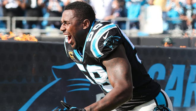Carolina Panthers outside linebacker Thomas Davis (58) during the regular season game at Bank of America Stadium. The Panthers remain undefeated with a 38-0 win over Atlanta Falcons.