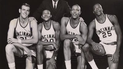 Coach Ed Jucker with four of his key players from the 1962 UC NCAA title team: Ron Bonham, Tony Yates, George Wilson and Tom Thacker.