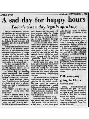 A news clipping from Sep. 1, 1985, reports that Indiana has passed a law that bans happy hours.