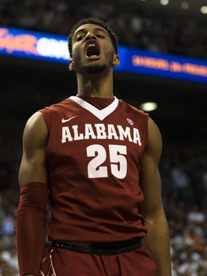 Alabama’s Braxton Key (25) screams after scoring during the NCAA Basketball game between Auburn and Alabama on Saturday, Jan. 21, 2017, at Auburn Arena in Auburn, Ala.
