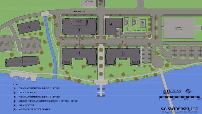 Above is the proposed site plan from S.C. Swiderski to develop a roughly 16-acre stretch of city-owned land along the east riverfront north of downtown.