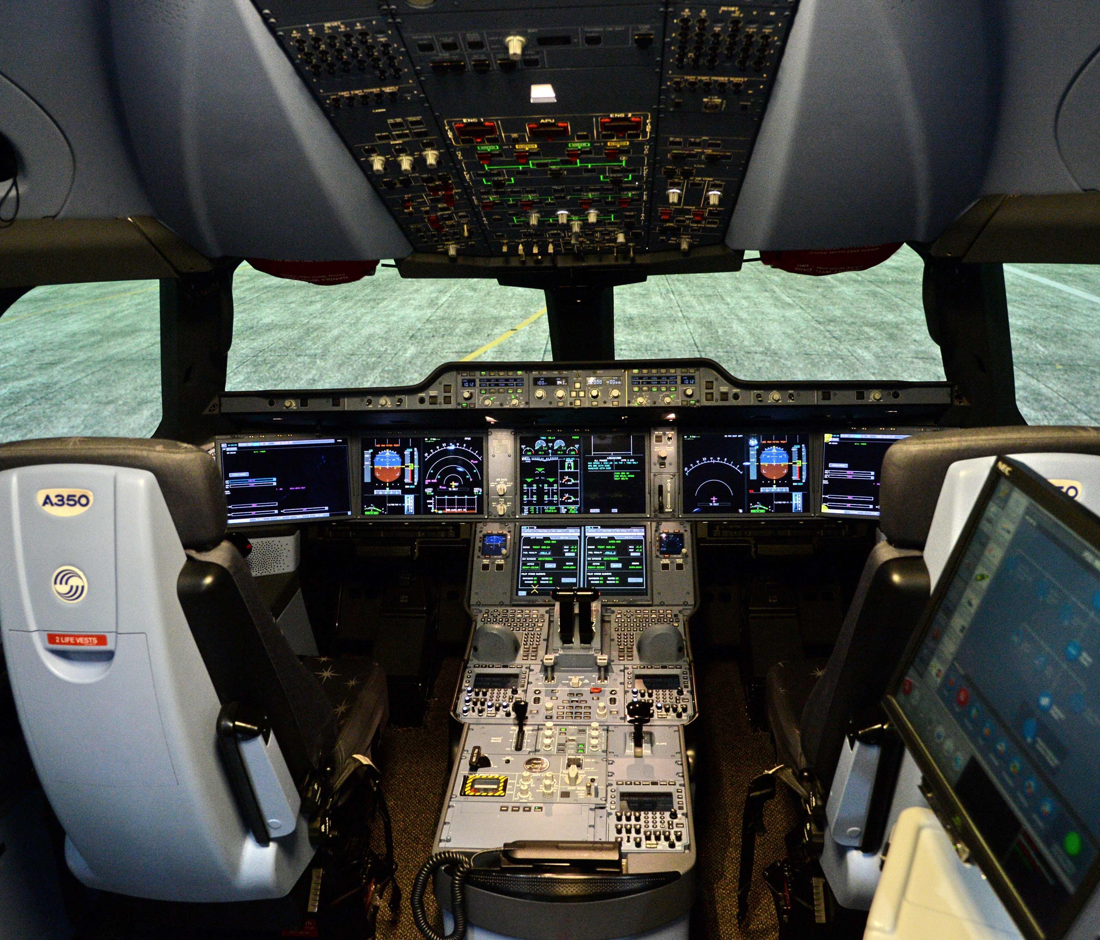 A view inside the simulator of a A350 XWB cockpit is seen during a tour of the Airbus Asia Training Centre in Singapore on June 20, 2017.
