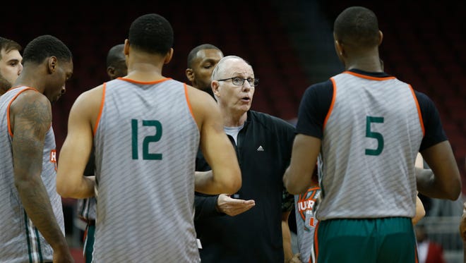 Miami basketball coach Jim Larranaga gave instructions to his team during practice at the YUM! Center. March 23, 2016