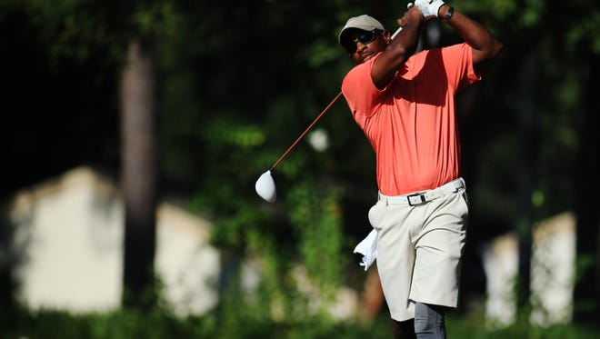 Pro golfer Jaworski Vances watches his ball during the 2015 Tallahassee Open at Hilaman Golf Course.