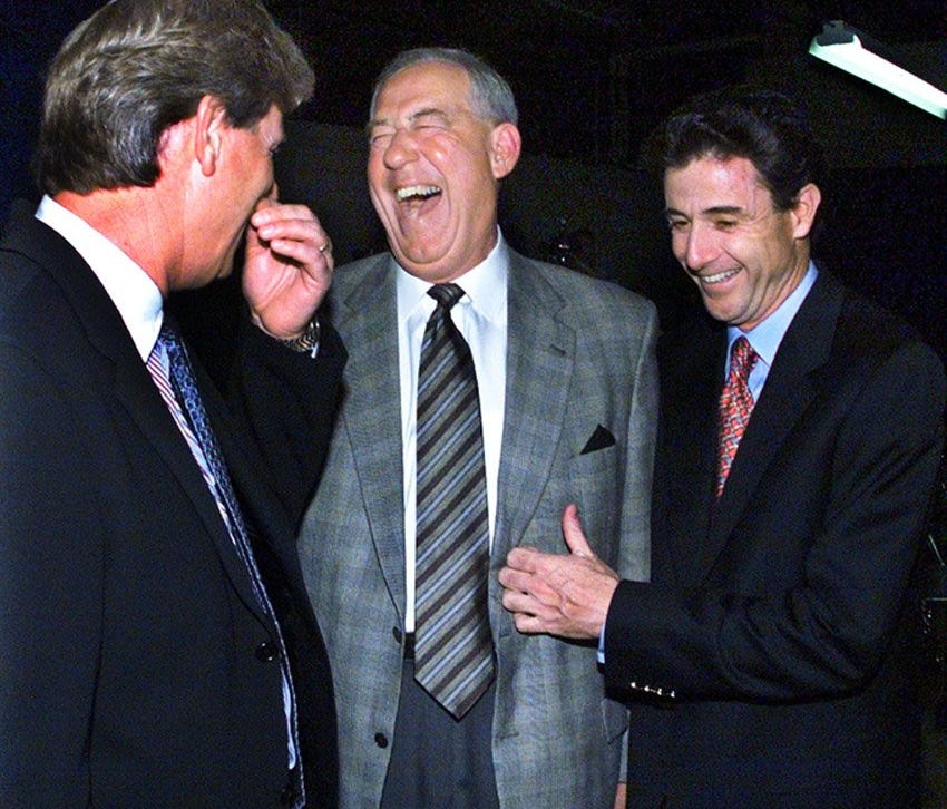 -    -Caption:   BY STEWART BOWMAN, THE COURIER-JOURNAL  Retiring UK athletic director C.M. Newton, center, shared a laugh with football coach Hal Mumme, left, and former Wildcats basketball coach Rick Pitino at last night's tribute dinner in Rupp Arena
