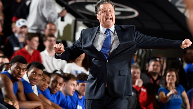 Kentucky Wildcats head coach John Calipari reacts on the bench against against Georgia on March 3.