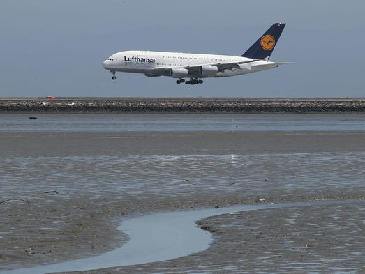 A Lufthansa Airbus A380 craft lands during San Francisco