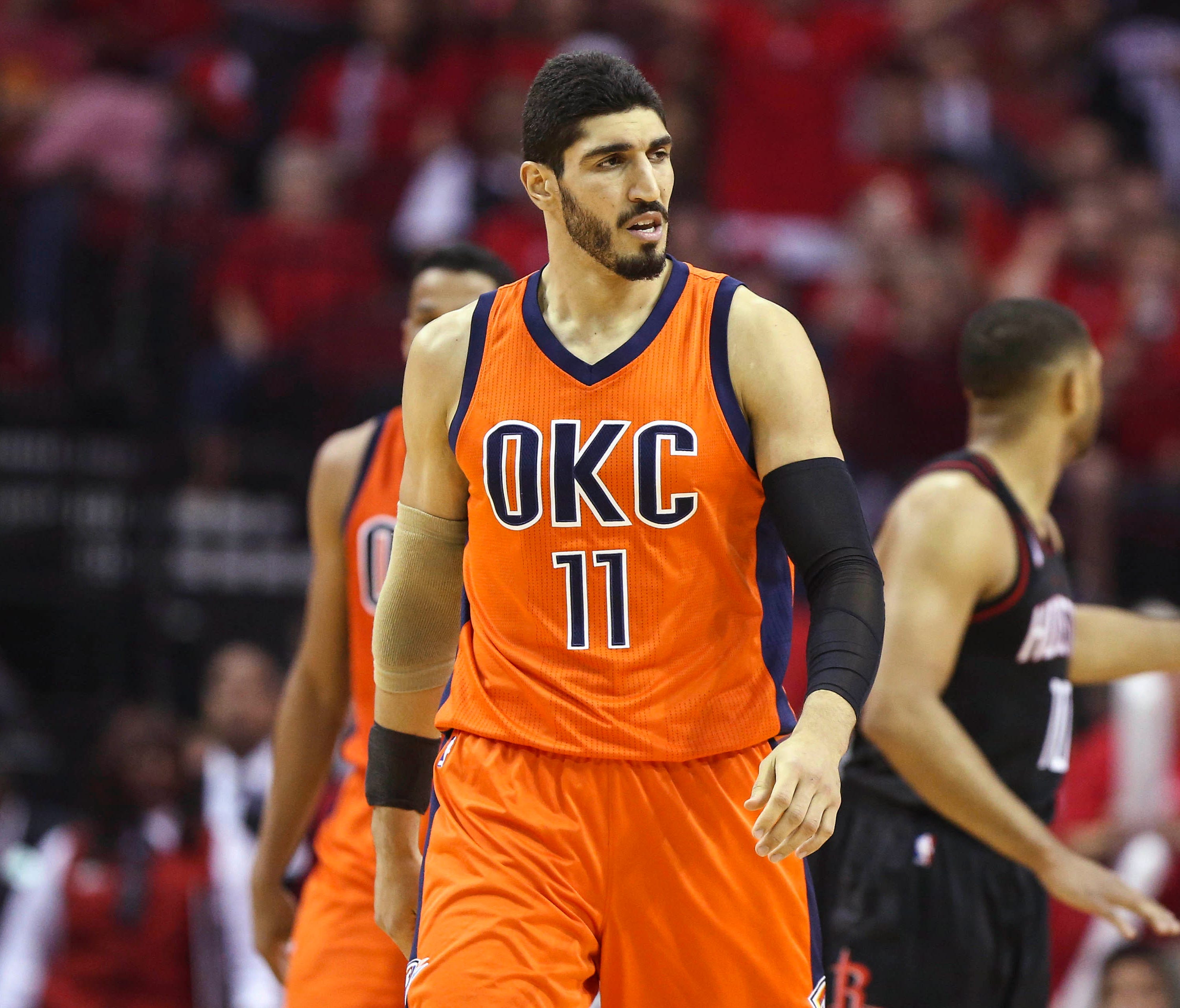 Oklahoma City Thunder center Enes Kanter (11) reacts after a play in game one of the first round of the 2017 NBA Playoffs against the Houston Rockets at Toyota Center.
