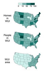 Top map: The percentage of homes in the wildland-urban interface in each state. Middle map: The percentage of the population that lives in the WUI in each state. Bottom map: The percentage of each state that's classified as a WUI.