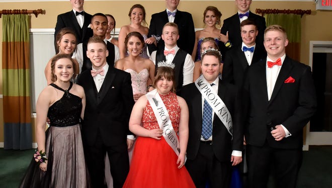 King Ricky Gilgenbach and Queen Heather Leitz reigned over prom court Saturday night at Laconia High Schools junior prom.  Ricky was not on court, he was given the crown at the grand march when Heather and Jacob Reigel were voted king and queen.  First row, from left are: Sarah Laudolff, Zach Foth, Heather Leitz, Ricky Gilgenbach and Jacob Reigel. Second row: Brittanie Young, Jaylen Mahone, Alex Zacharias, Ryan Smit, Bekah Tilstra and Collin Weisnicht. Third row: Brady Madigan, Elizabeth Walters, Ashley Blank, Jack Stahmann, Morgan Ramsey and  Austin Ferch.
