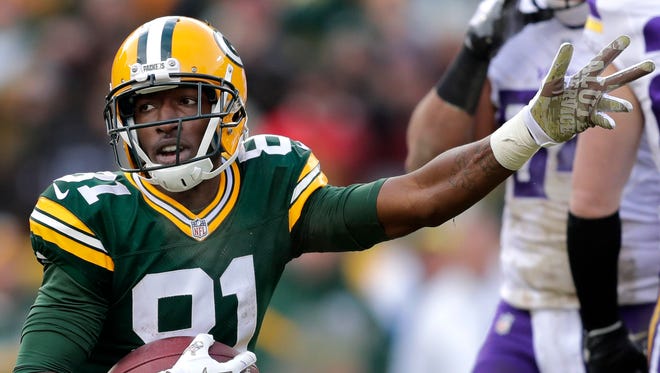 Green Bay Packers receiver Geronimo Allison reacts after a reception for a first down against the Minnesota Vikings at Lambeau Field.