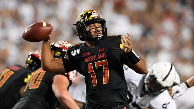 Maryland quarterback Josh Jackson passes during the first half of an NCAA college football game against Penn State, Friday, Sept. 27, 2019, in College Park, Md. (AP Photo/Nick Wass)