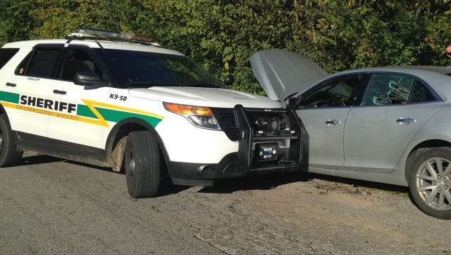 A stolen car and Montgomery County Sheriff's Office car collided on Martin Street Saturday.