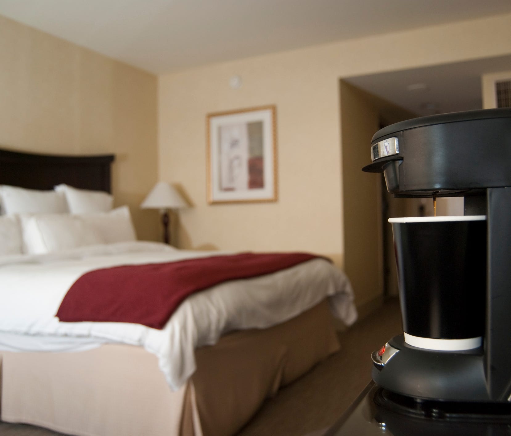 Many hotel rooms feature a selection of mediocre coffees and a coffeemaker that's difficult to use and only makes a beverage one tiny cup at a time.