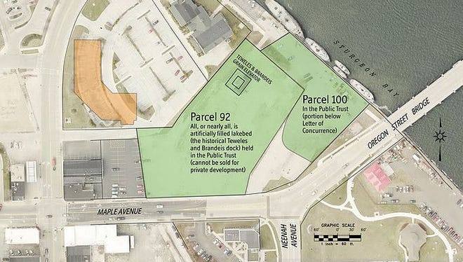 The two green portions are parcel 92 and parcel 100 that the city owns. The Sturgeon Bay Ad Hoc Westside Waterfront Steering Committee will develop a new plan for redevelopment of the land and make a recommendation to the City Council.